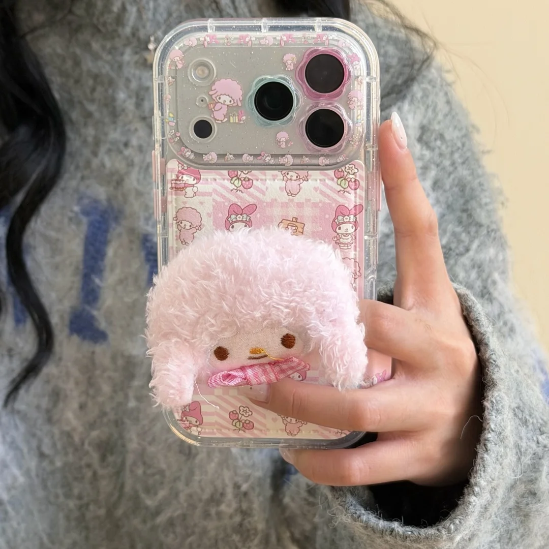 

Pink Creative My Melody Cartoon Lovely Plush doll Holder Phone Case For iPhone 16 15 14 13 12 11 Pro Max Y2K Kawaii Cover﻿﻿