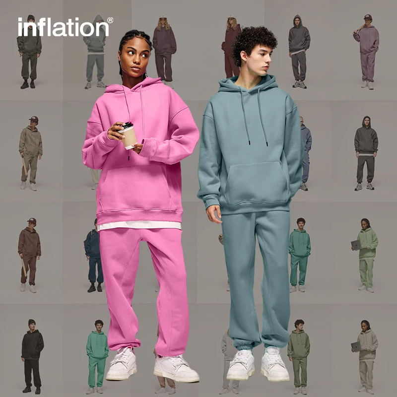 INFLATION Winter Thick Fleece Tracksuit Set Unisex Trendy Candy Color Jogging Suit Mens Matching Velvet Hoodies Set