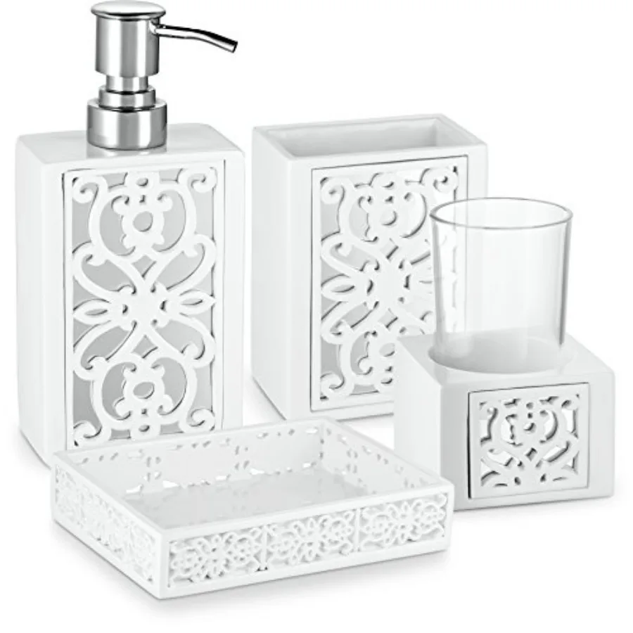 

Набор аксессуаров для ванной Mirror Janette White — 4 предмета, декоративный набор для ванной с зеркальной поверхностью, с дозатором для мыла и держателем для зубных щеток