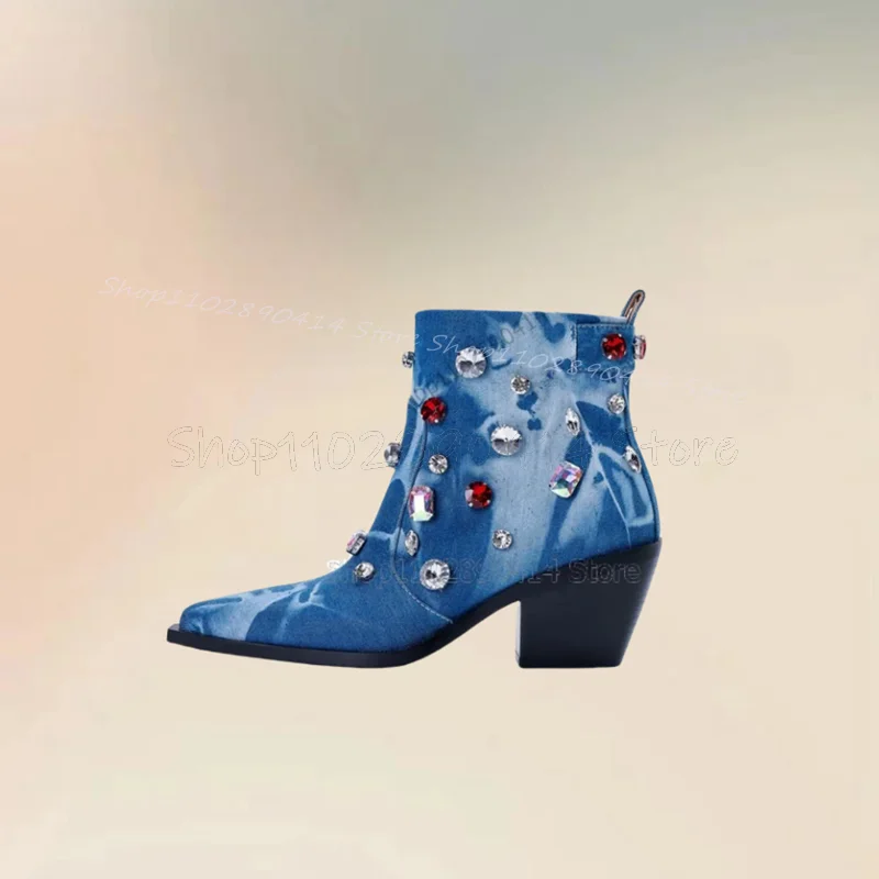 

Blue Denim Crystal Decor Pointed Toe Annkle Boots Slip On Women Shoes Chunky High Heels Fashion Banquet 2024 Zapatos Para Mujere