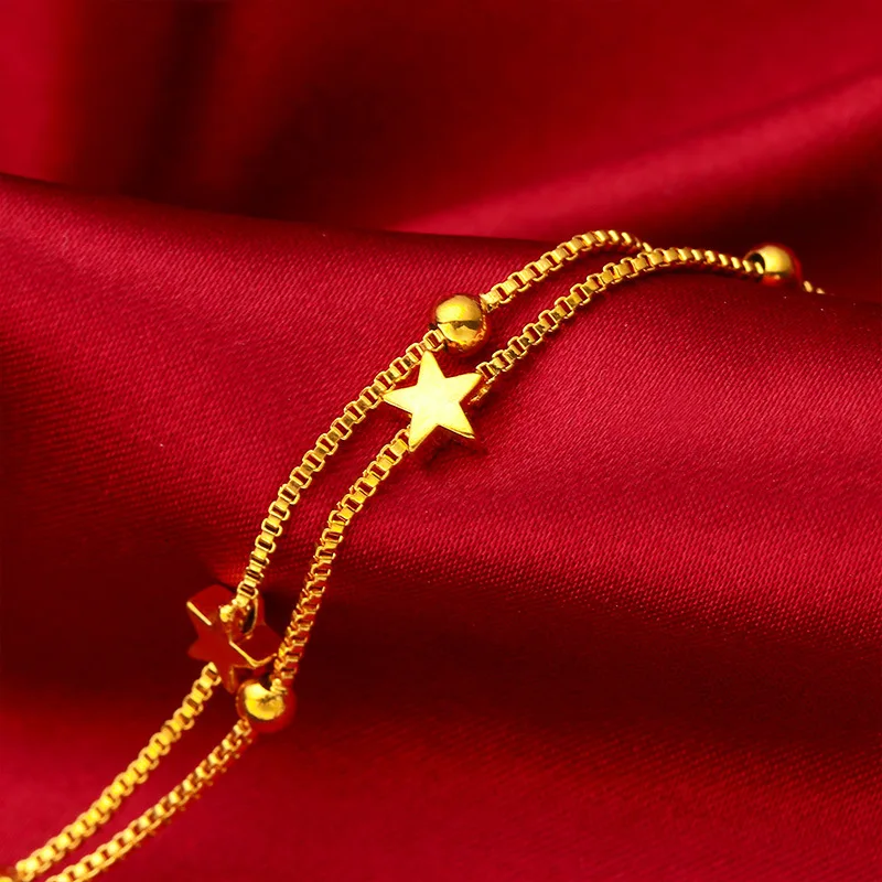 

Женский браслет Star & Bell, 24-каратное золото, AU999 | Полированные звезды и колокольчики на регулируемой цепочке, игривый на лето.