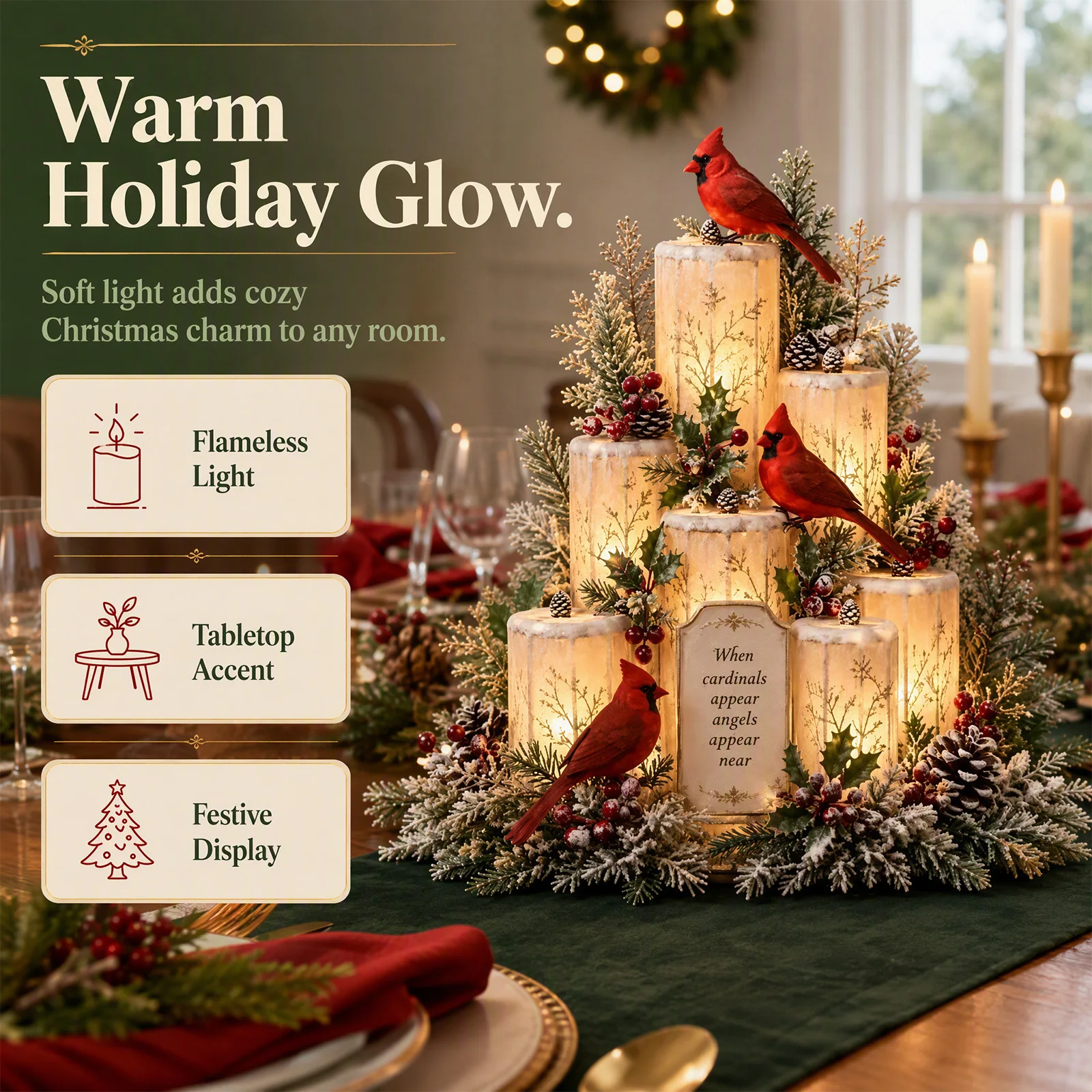 Holiday Cardinal Lighted Candle Centerpiece Flameless Warm Glow Holly Berries Pine Cones Christmas Table Decoration