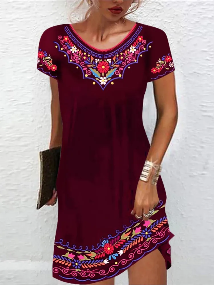 

Vintage Elegant Ethnic Midi Dresses For Women 2025 Summer Loose Bohemian Beach Midi Dress Casual Female Clothing Pullover Dress
