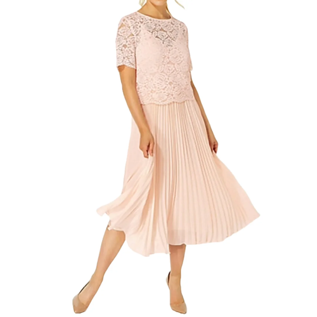 Customized A-Line Jewel Neck Tea Length Pleats Chiffon Skirt Lace Top Short Sleeve Mother of the Bride Dress Pastel Pink Wedding