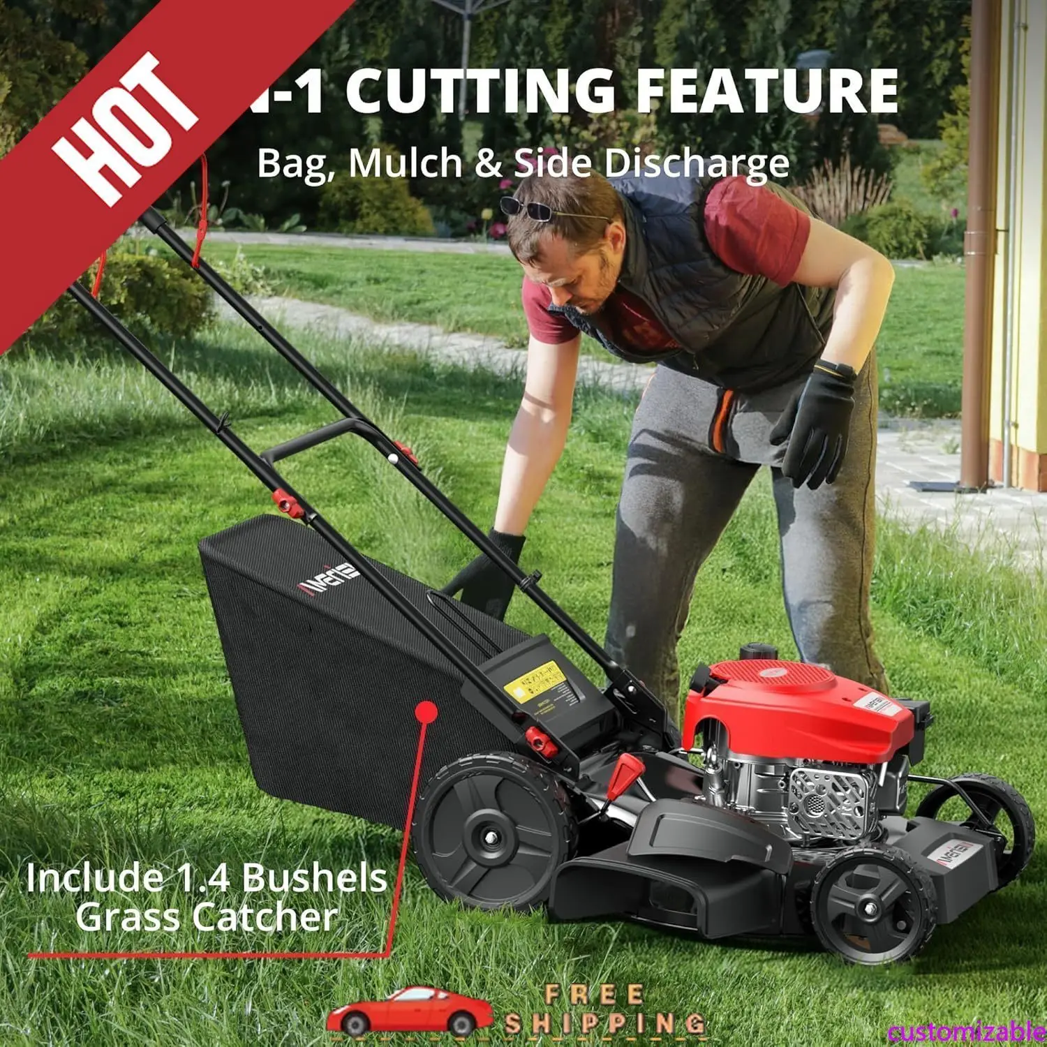 

Customizable 21" Gas Lawn Mower, 3-in-1 Gas Powered Push Mower, 144cc 4-Stroke OHV Engine, 6 Height Adjustment, Efficient Steel