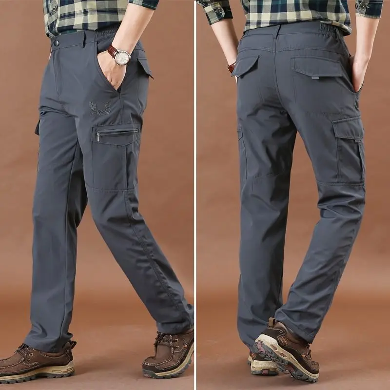 Men Summer Cargo Pants Lightweight Multi Pocket Hiking Trousers Loose Straight Fit Outdoor Casual Plus Size