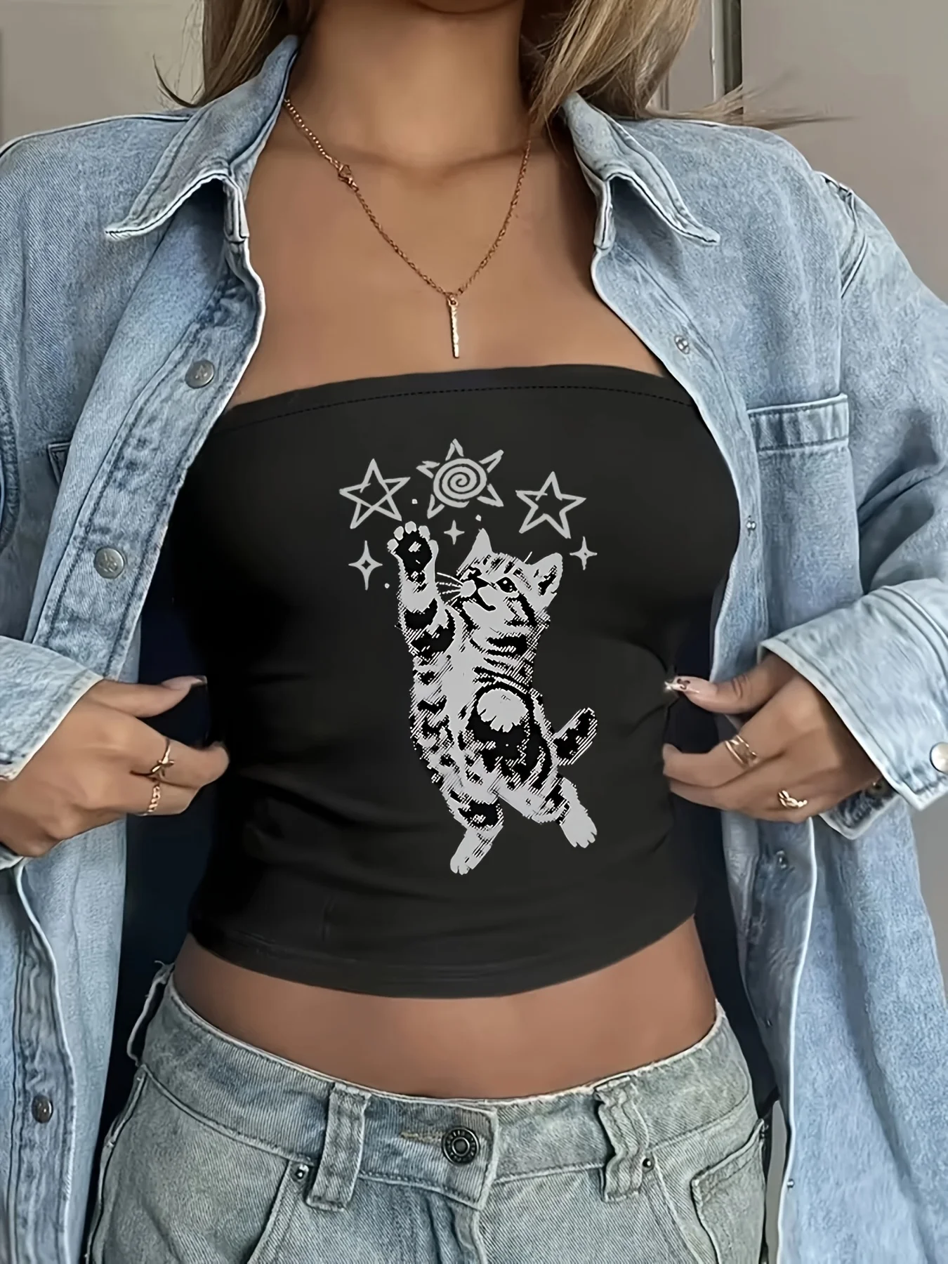 Trendy Cool Star Cat Print Fitted Tube Top Spring and Summer Women's Casual Strapless Cropped Top Vest Streetwear Short Style