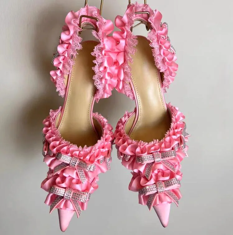 French Style Sweet Ruffles with Crystal Bowtie High Heels Lolita Pumps Pointed Toe Slingbacks Banquet Shoes Woman