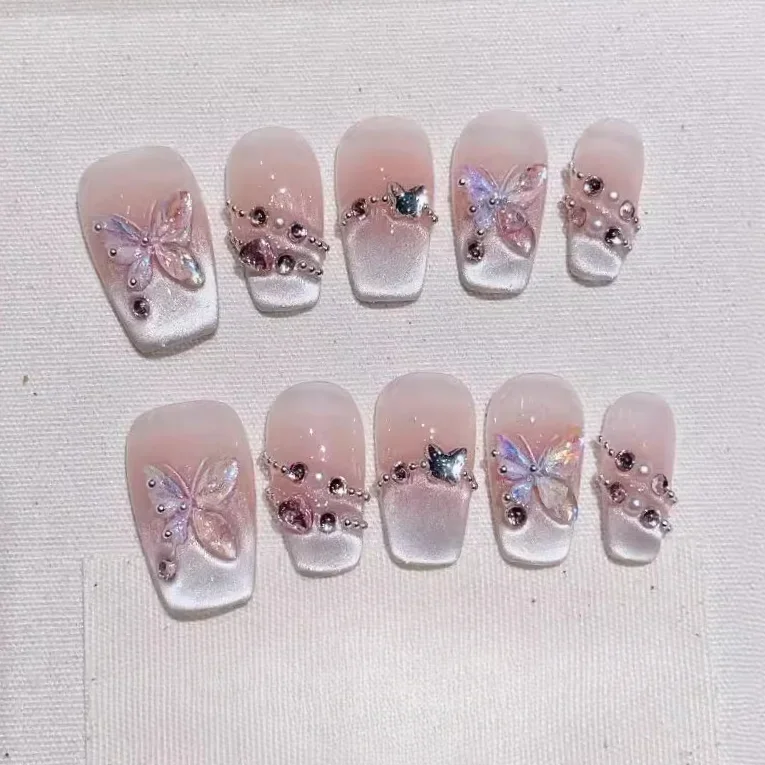 10 pezzi bara fatta a mano stampa sulle unghie copertura completa farfalla perla Design Moon Stars balletto unghie finte punte per unghie Manicure indossabili