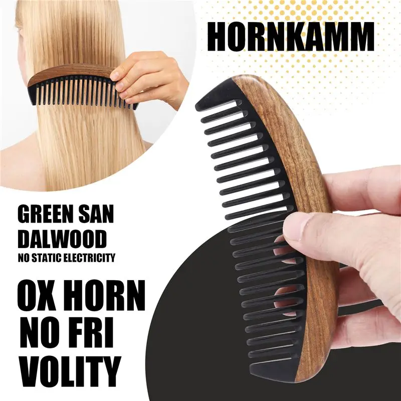 Hair Comb - Wide Tooth Wooden Detangling Comb For Curly Hair - No Static Sandalwood Buffalo Horn Comb For Men And Women-Y48A