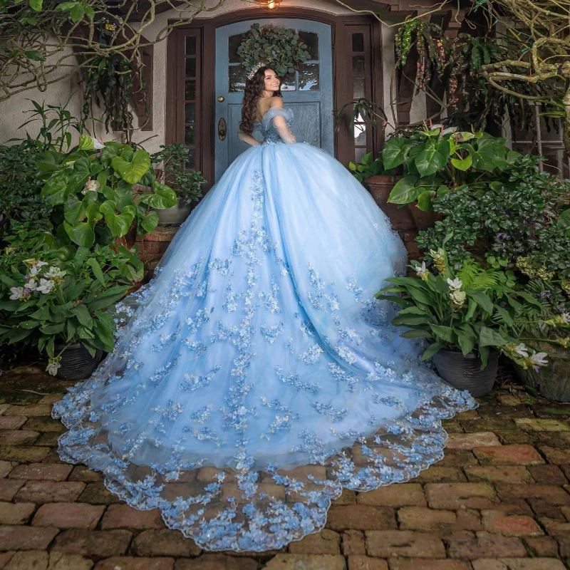 Sky Blue Charming Quinceanera Dresses Ball Gown Off The Shoulder Classic 3D Flower Applique Crystal Sweet 16 Dress Vestidos De15