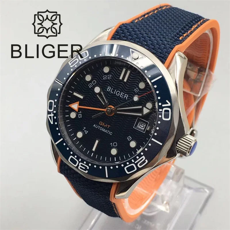 

BLIGER 41mm NH34 GMT Automatic Men's Mechanical Wristwatches Blue Ceramic Bezel Sapphire Glass Black White Blue Dial Rubber Stap