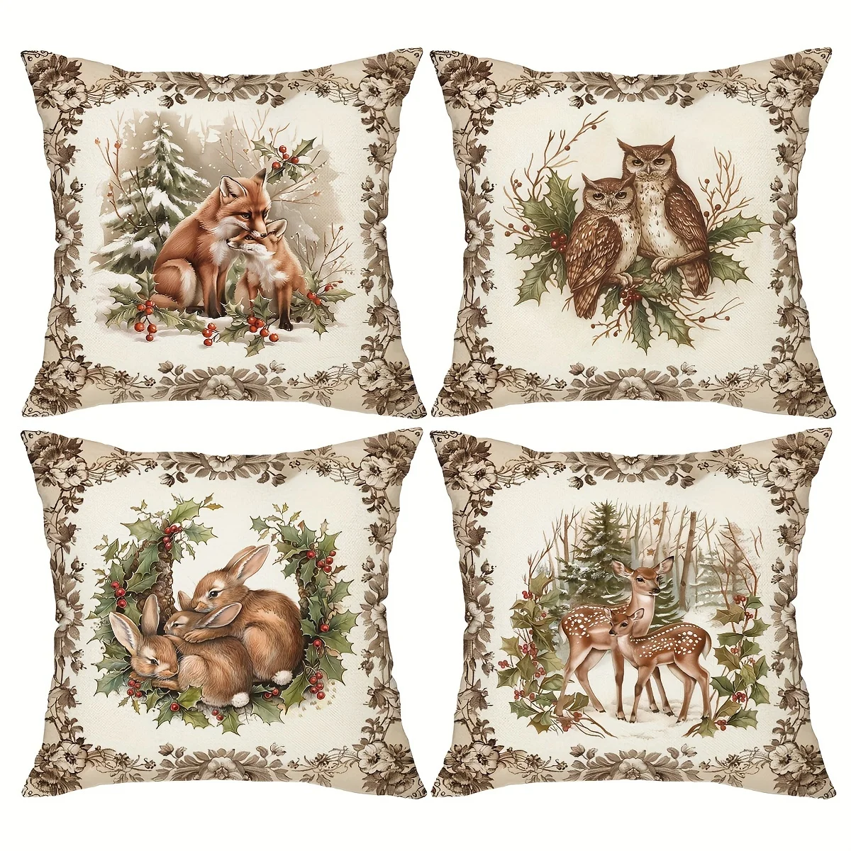 4pcs Winter Throw Pillow Covers 18x18 Inch Forest Wild Animals Design Farmhouse Holiday Home Decor Cushion Covers