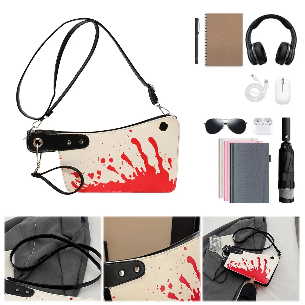 Women Horror Crossbody Bag PU Leather Bloody Satchel Bag Adjustable Strap Gothic Clutch Purse Halloween Party Bag