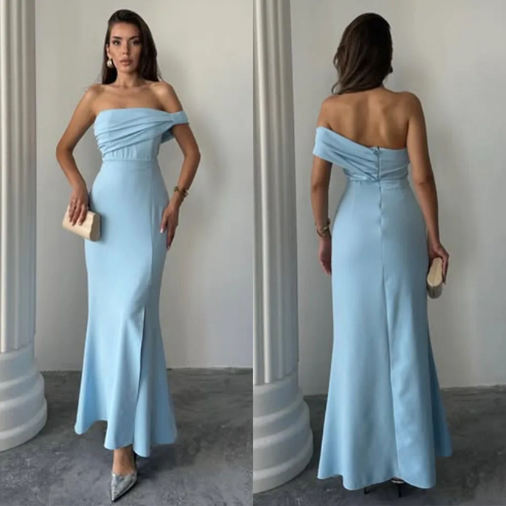 

High Quality Customized Strapless Backless Blue Long Dresses Zipper Vestidos Para Bodas Mujer Invitada Pageant Dresses Women