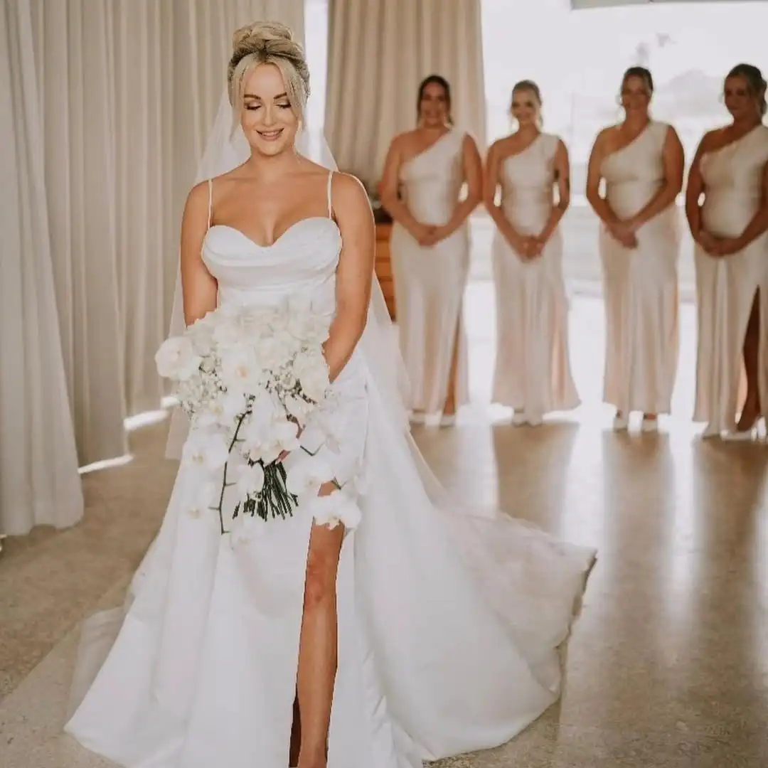 Elegant Mermaid Satin Wedding Dresses With Slit Sheath Detachable Train Long Bridal Party Gown For Women Vestidos De Novia