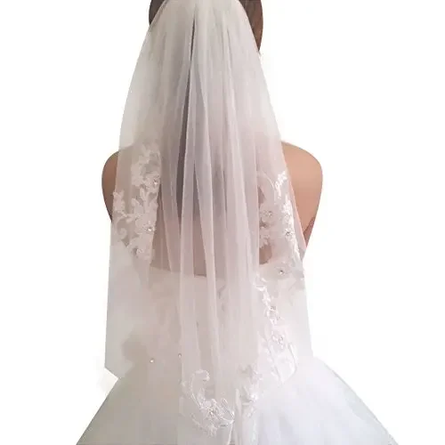 Voile de mariage en tulle perlé cristal avec peigne, appliques en dentelle à 1 niveau, patients