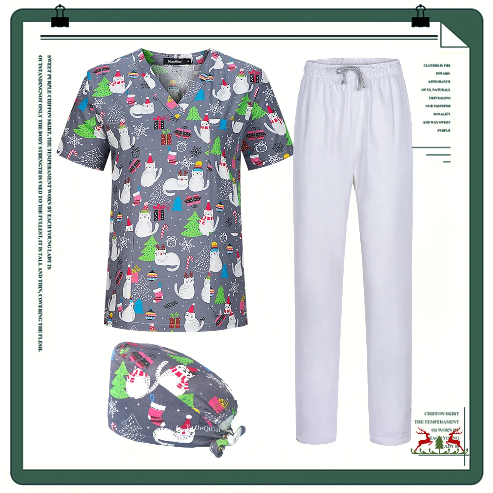 Scrubs Tops para hombres y mujeres, camisas con estampado navideño, uniformes de enfermera, Blusa de manga corta con Pantalones rectos, Enfermería Médica