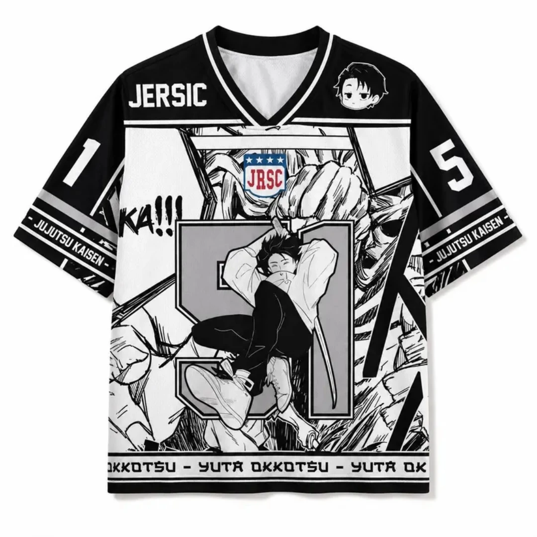 Jutsu Back Yuta Okkotsu V-neck Mesh Anime Manga Panel Black and White Manga Art Pattern Sports Loose Casual T-shirt
