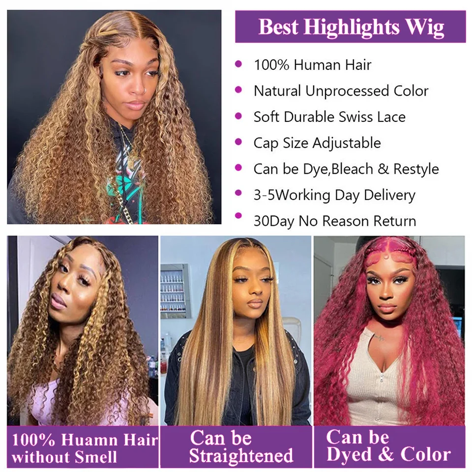 Curly Highlight Wig Human Hair 13x4 13x6 Hd Lace Frontal Wig 30 40 Inch Deep Water Wave Honey Blonde Lace Frontal Wigs For Woman