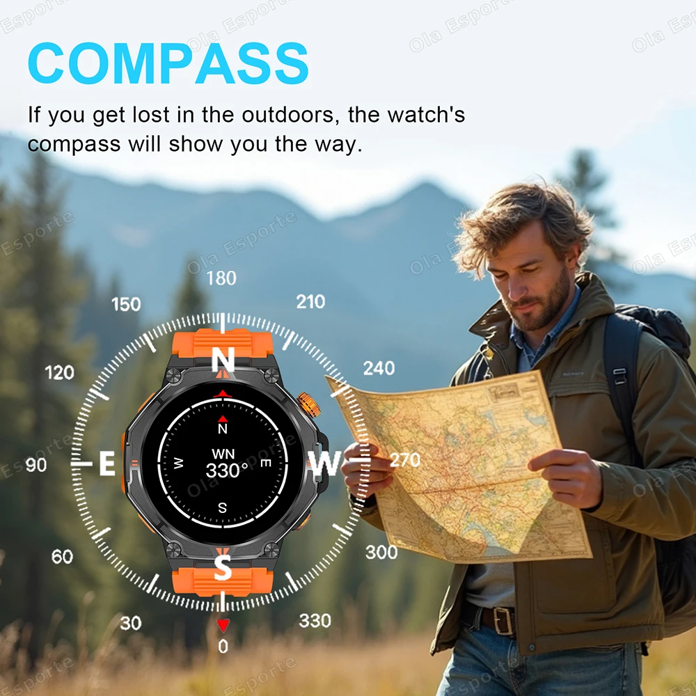 Męski Smartwatch z Lokalizatorem GPS, Ekranem AMOLED, Połączeniami Bluetooth, Wodoodpornością 5ATM, Kompasem, do Aktywności na Zewnątrz, Ponad 100 Sportów, z Możliwością Personalizacji Tarczy