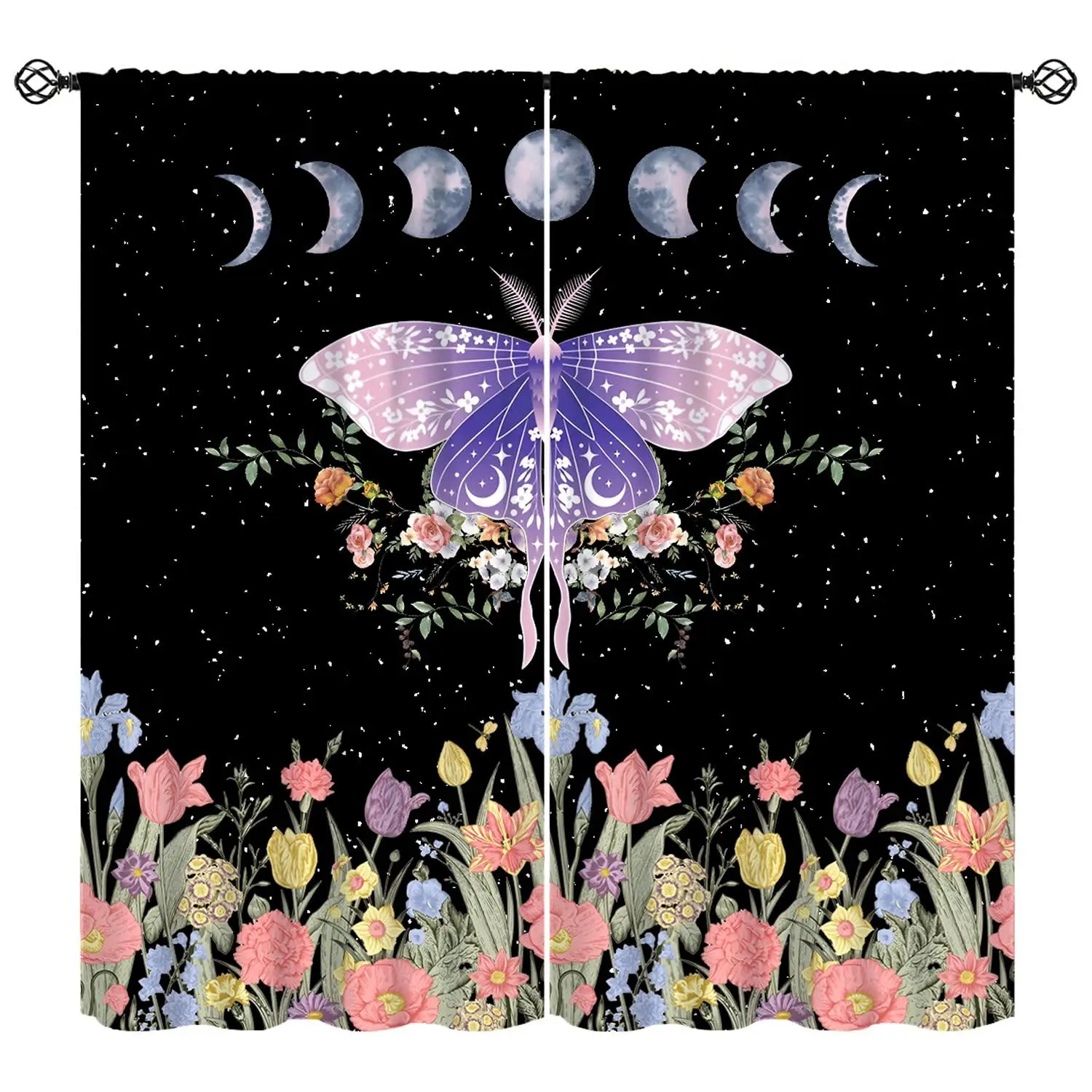 2pcs Boho Moon Moth Curtains Celestial Star Print Polyester Drapes for Living Room Bedroom Home Decor Window Treatment