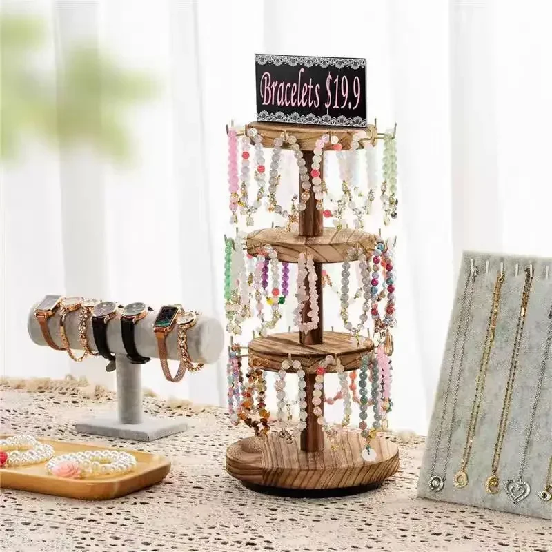 

3 Tier Wooden Rotating Jewelry Hanger Stand with 36 HOOKS Bracelet Display Tabletop Jewelry Storage Organizer for Bangles
