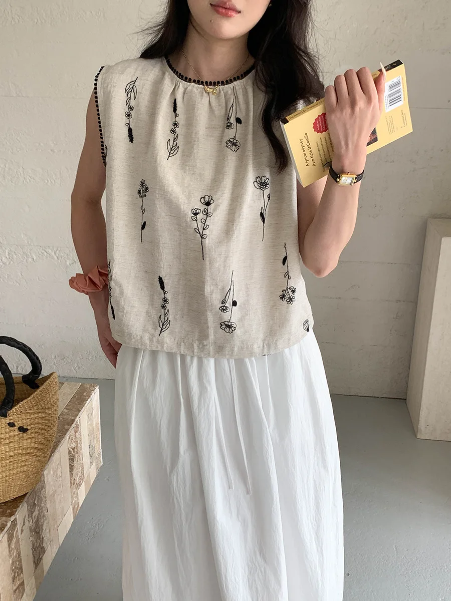 夏カジュアル花刺繍oネックリネンノースリーブシャツ女性は両面着用