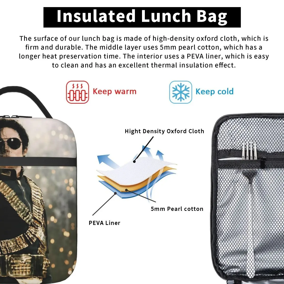 MJ King Of Pop مايكل J-jackson حقيبة الغداء المحمولة علب الاغذية الطفل السفر تصميم حقيبة للحفاظ على البرودة ريترو أكسفورد الحرارية حمل حقائب اليد #3