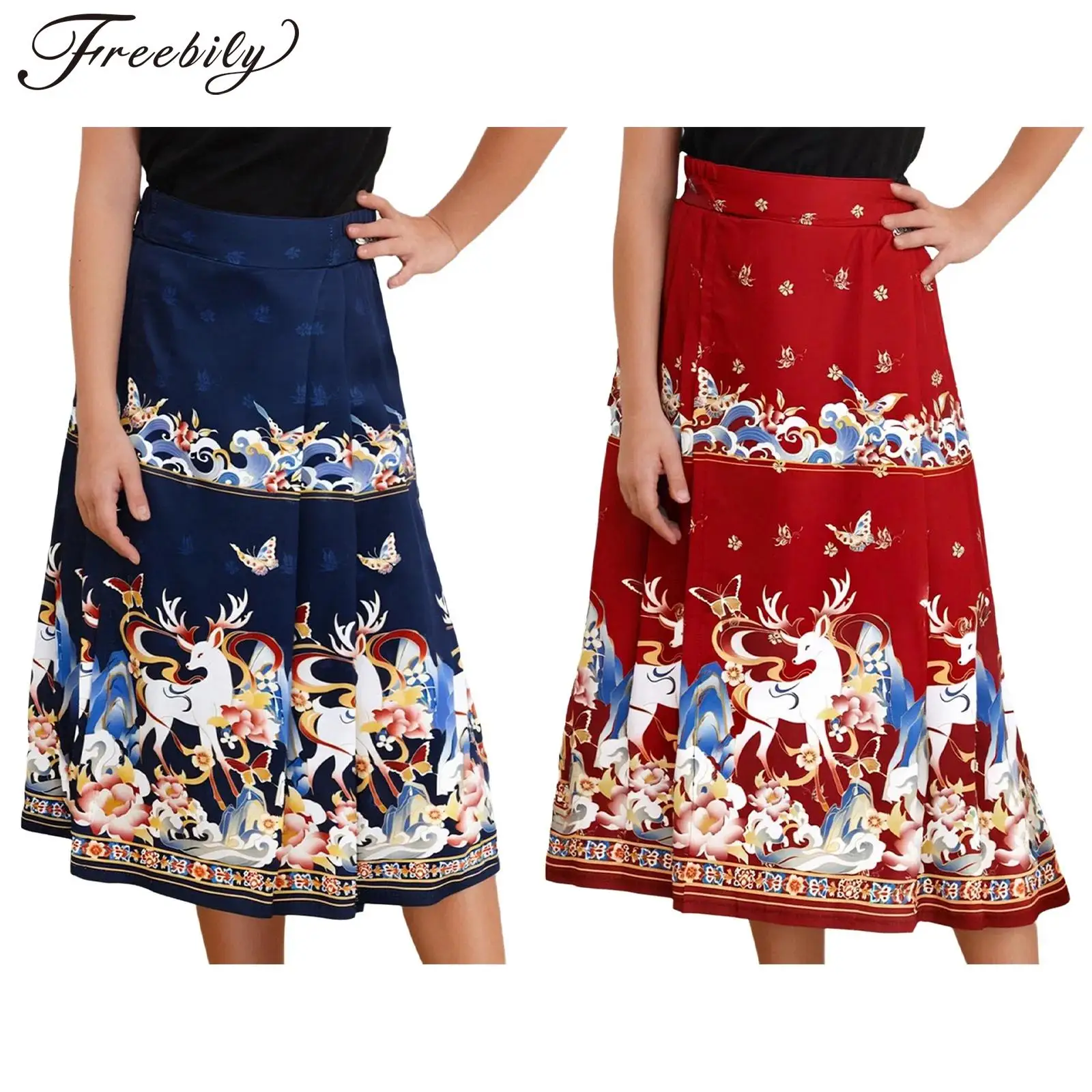 

Mamianqun Skirt Ethnic Style Traditional Chinese Girls Clothing Horse Face Skirt Butterfly Deer Print Skirt Hanfu Dance Dress