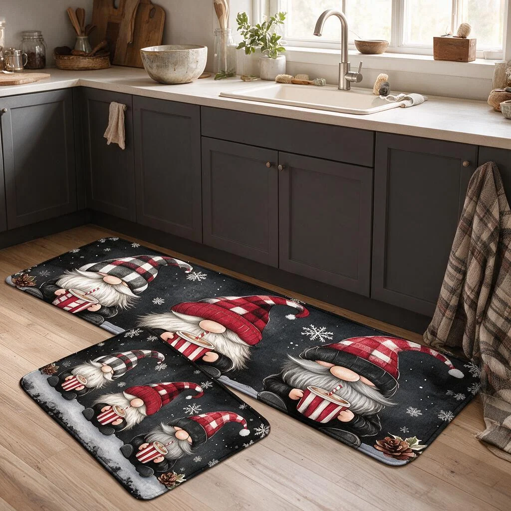 Christmas Kitchen Floor Mat with Winter Cabin Print Soft Plush Flannel Rug Non Slip Water Absorbent Decorative Carpet
