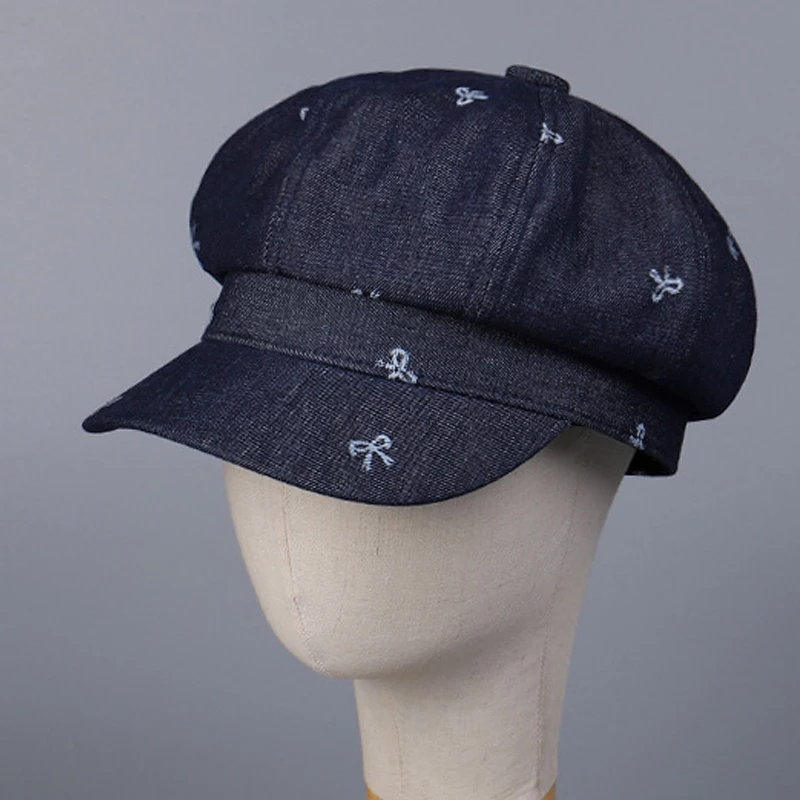 Hat Denim Jeans Women Blue Bows Pattern Cap Spring Autumn Accessory For Outdoor Holiday Painter