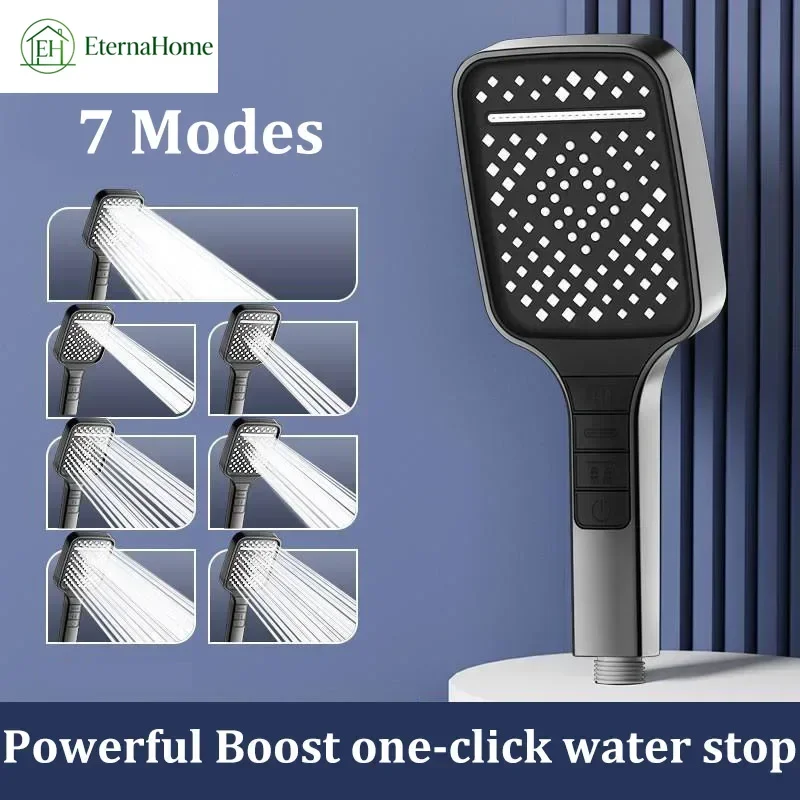 7 Modes Large Panel Shower Head Adjustable One Button Stop Bathroom High Pressure Water Saving Shower Set Bathroom Accessories