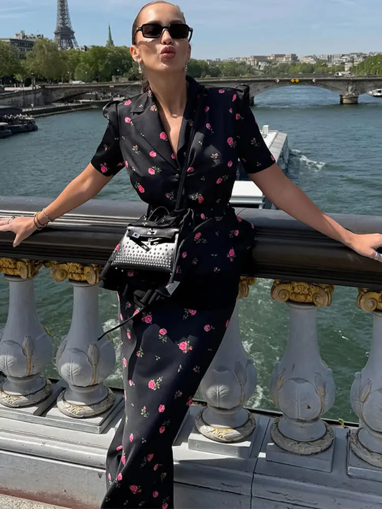 Floral Blazer Coat Skirt Sets Women Elegant Lapel Short Sleeve Single-breasted Lace Up Coat Midi Skirt Two Piece Set 2026 Summer
