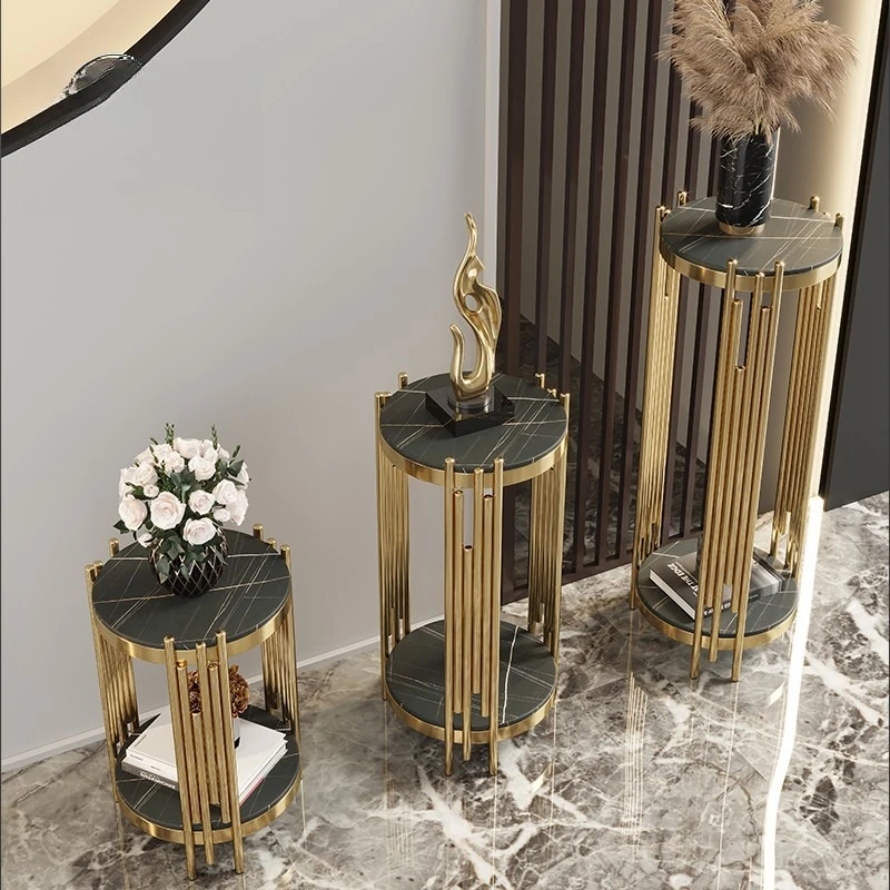 Light luxury flower stand TV cabinet marble flower table floor-to-ceiling living room stainless steel