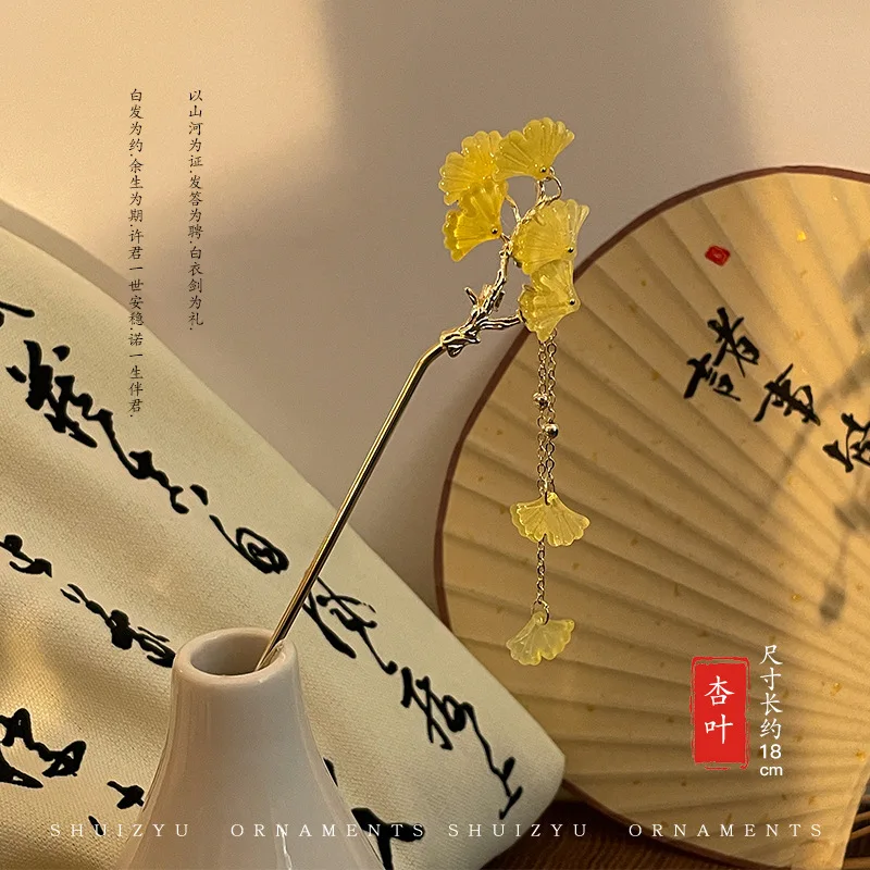 

Ancient Style Tassel Hairpin Yellow/pink Ginkgo Leaf Alloy Hair Stick Chopsticks For Han Chinese Costume Cheongsam Hair Jewelry