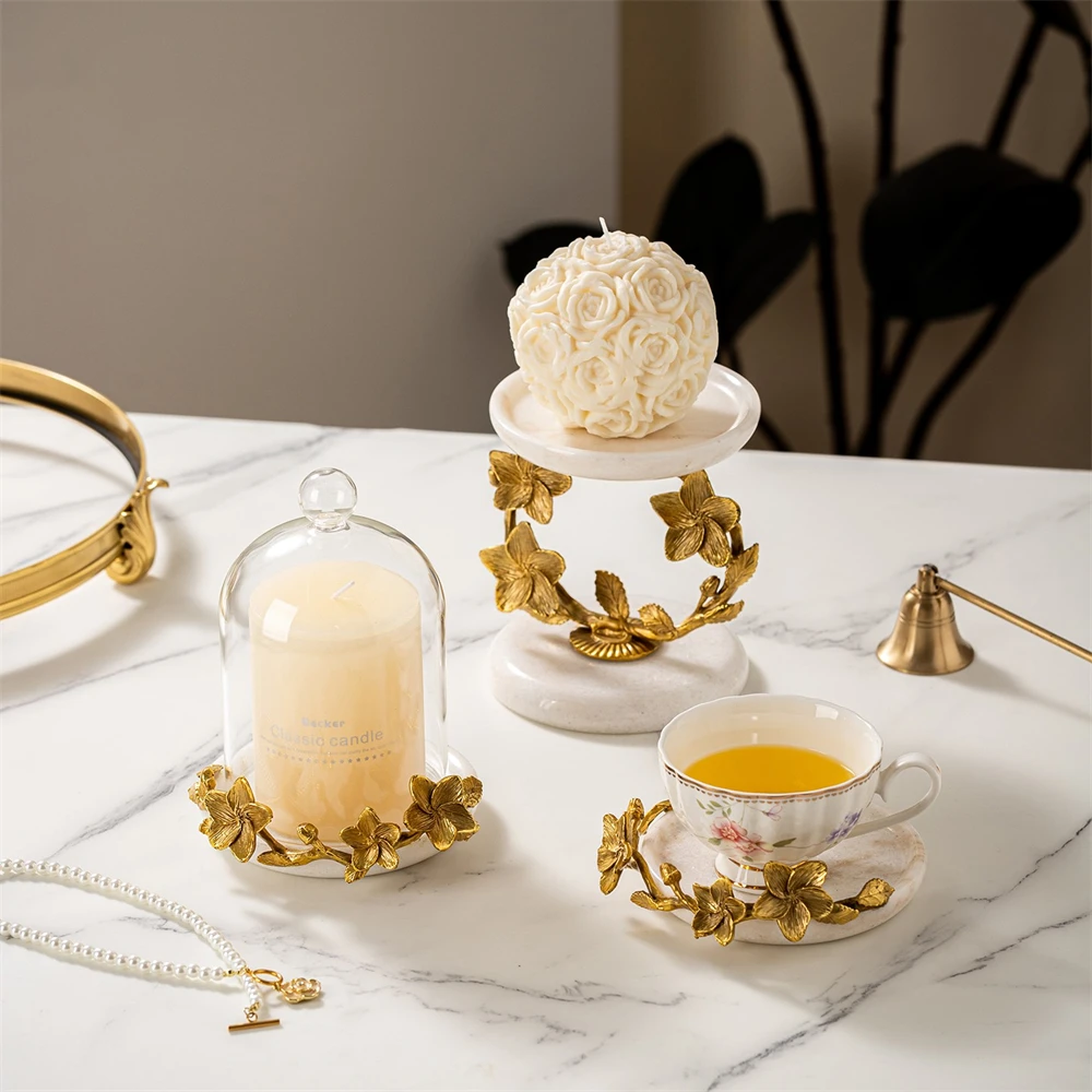 French Romantic Candlestick Ornament Brass Marble Coaster Home Decoration Living Room Study Banquet Candlestick Gift