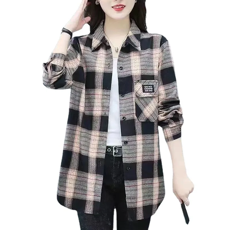 2024Spring and Autumn New Loose and Skinny Plaid Shirt for Women Outdated and Stylish Aging Shirt Spring Versatile Top for Women