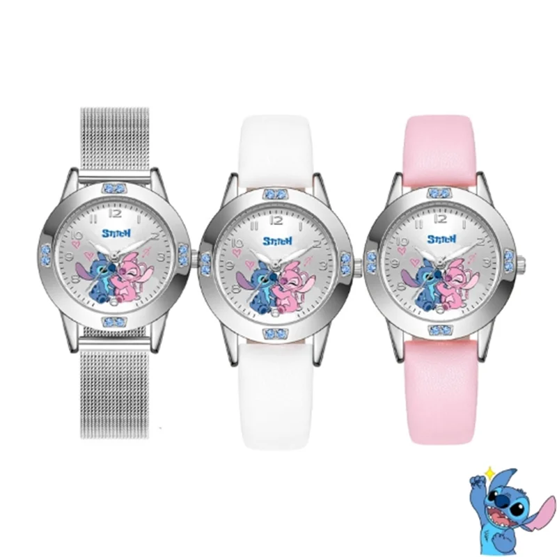 Stitch Student Watch Fashion Cartoon Dial with Water Diamond Women's Watch Leather Strap Suitable for Wearing Quartz Watch