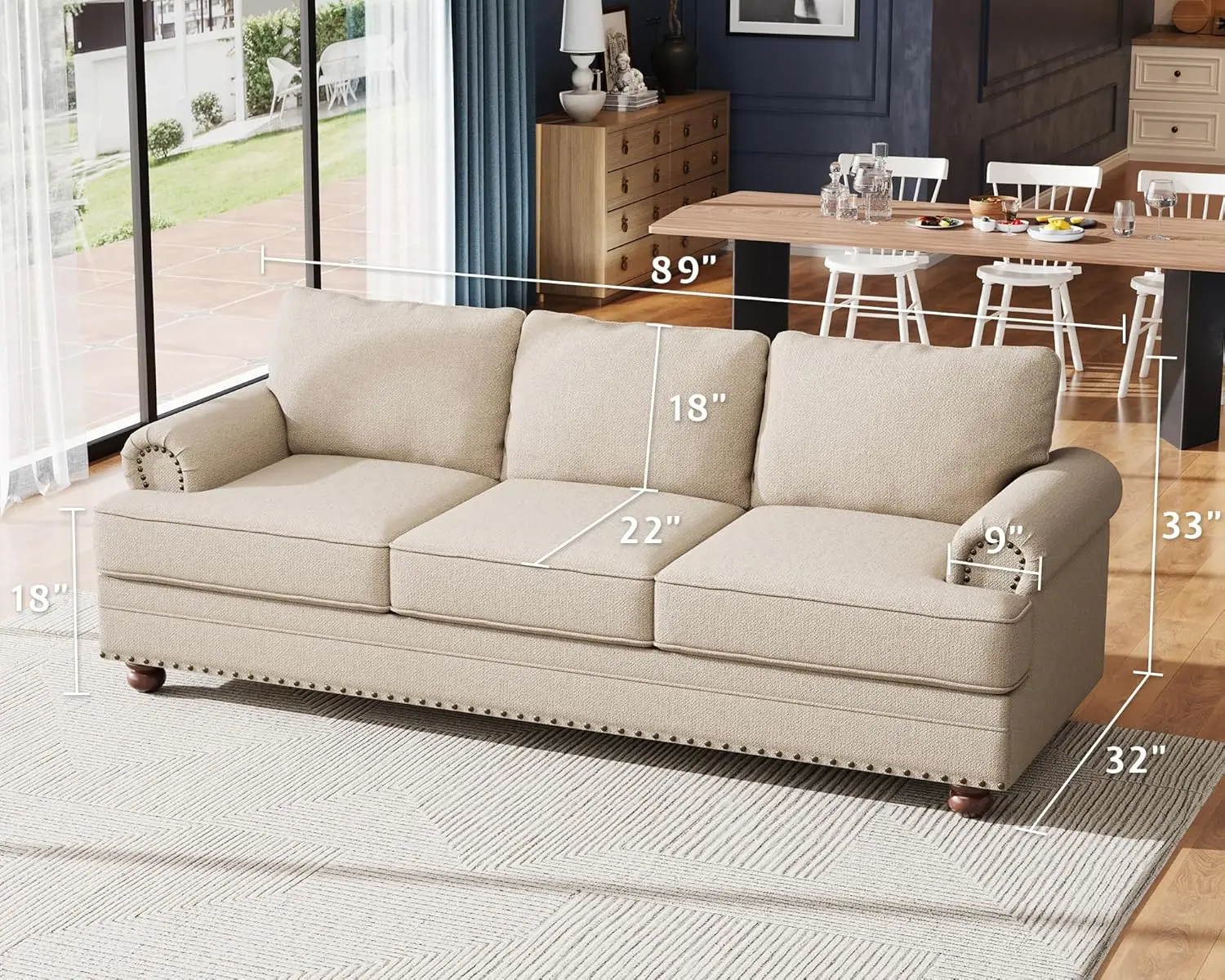 89 Inch Sofa, 3 Seater Couch With Nailhead Trim & Rolled Arms, Modern Sofa Couch For Living Room, Linen Beige