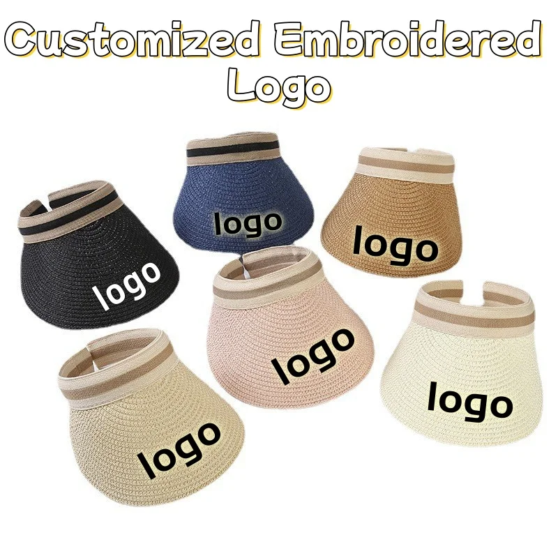 Sombreros de Paja Personalizados con Logotipo Bordado, Protección Solar para Exteriores, Sombreros de Verano Versátiles para Mujer, Resistentes a los Rayos UV, Gorra de Protección Solar para Viajes