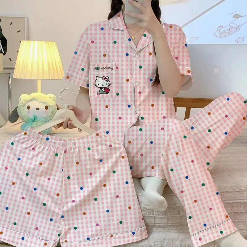 

Пижамный комплект Sanrio Hello Kitty для женщин, шорты с короткими рукавами, пижама с рисунком Kawaii, летняя одежда для сна, студенческая ночная рубашка, домашняя одежда