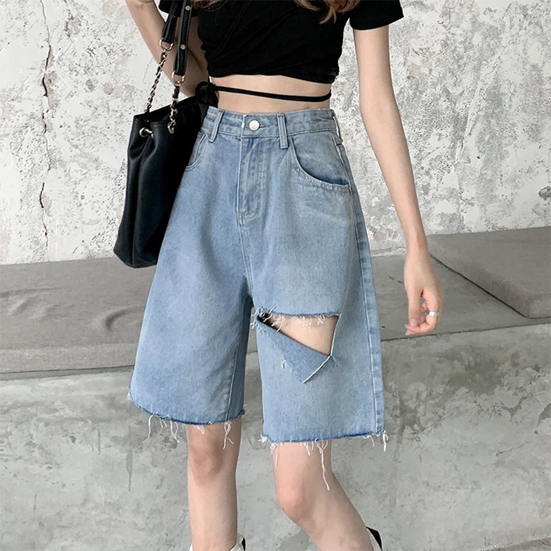 

New Summer Quarter High Waist Straight Leg Versatile Light Color Wide Leg Middle Pants with Perforated Denim Shorts for Women