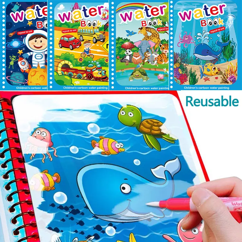 

1/2 Pcs Reusable Magic Water Book with Pen Kids Montessori Early Education Toys Water Drawing Toys Gift Water Coloring Book