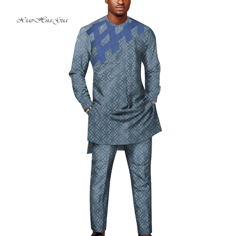 

African Fashion O-neck Top and Trouser Men's Outfit Clothing Dashiki Shirt+ Pant Man Sets Wedding Wear Customized WYN1363