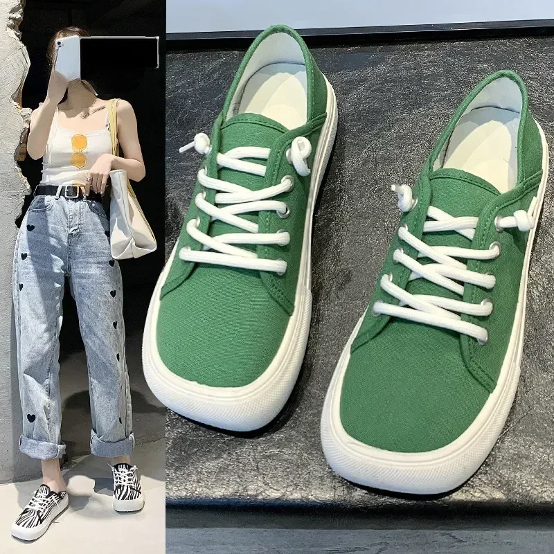 2023 Platform Canvas Shoes for Women  New Square Toe Laces Korean Sneakers Plaid Leopard Print Student Single-Layer Shoes