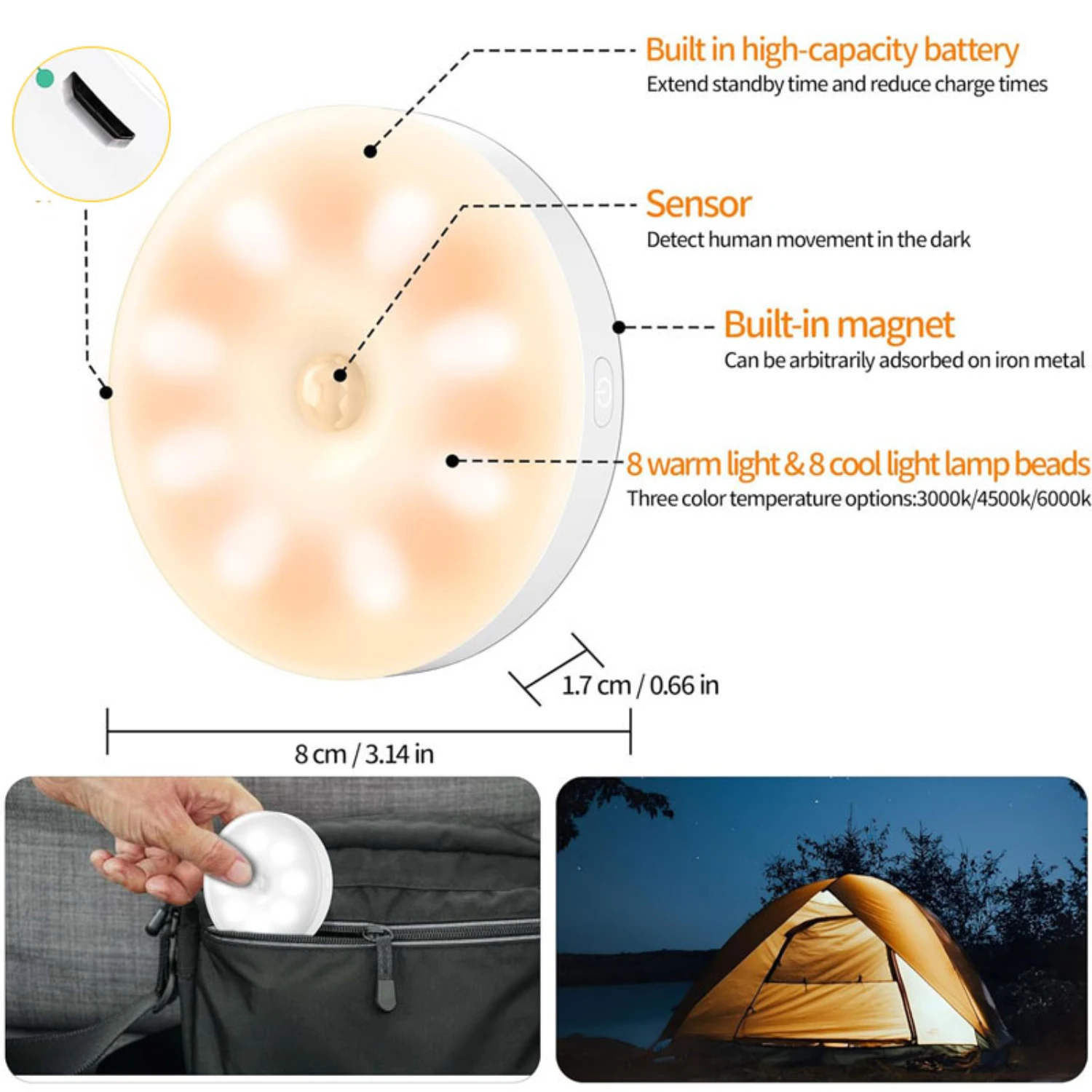 Nuova luce notturna con sensore di movimento Wireless ricaricabile, lampada a LED a bagliore morbido per camera da letto e armadio, luce per scale dell'armadio da cucina USB