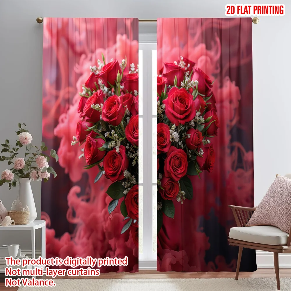 

2D flat printing 2pcs Window Curtains Valentine's Heart Roses(1) Digital Printed Polyester Drapes Festive Holiday Perfect for