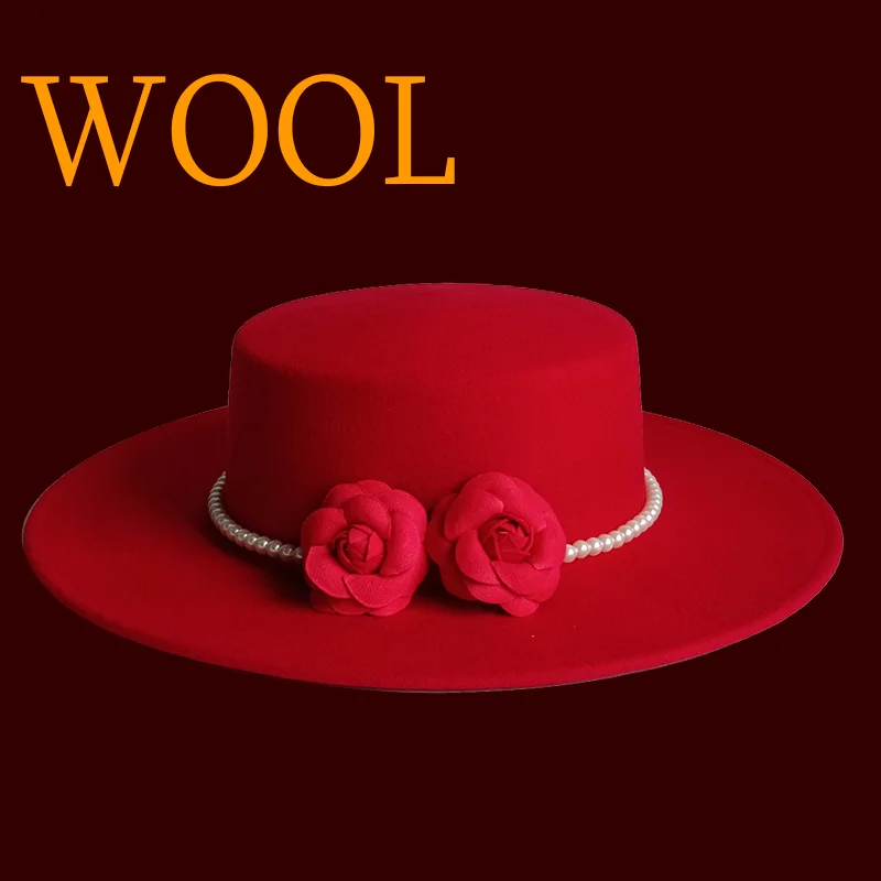 2025 Wide Big Brim Red Wool Flat Formal Women Fedora Stage Show Felt Cap Winter Lady Catwalk Outdoor Top Hats Sombreros De Mujer