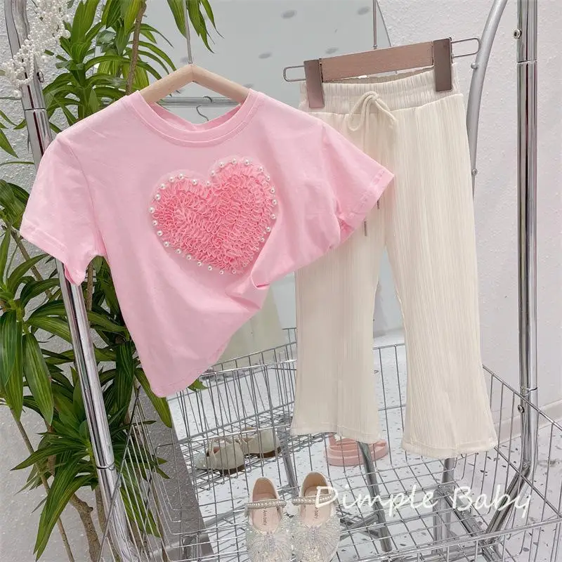 Girls Sweet Fashion Heart Flower Pearls Cotton Short Sleeve T-shirts Baby Kids Children Tee 2-7 Years